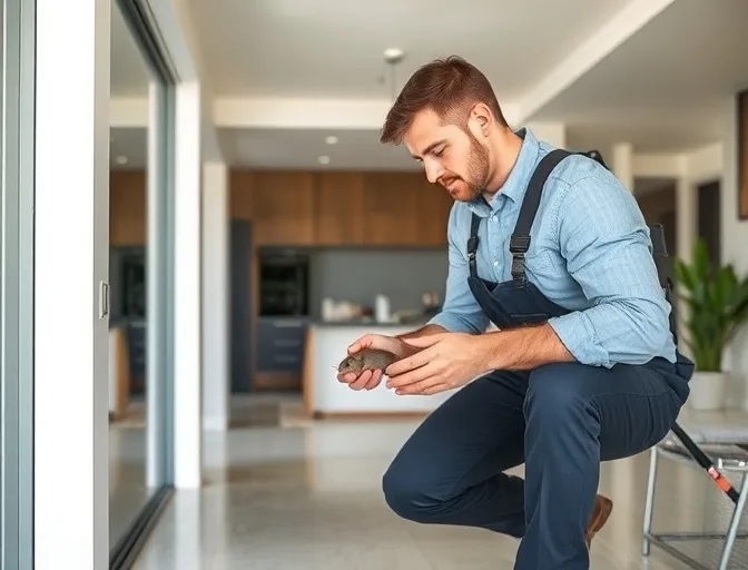 Technician in protective gloves removing a deceased rodent from a wall cavity in Syndal